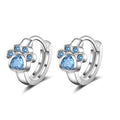 Cute Fine Jewelry Stainless Steel Blue Zircon Paw Print Animal Hoop Earrings for Women