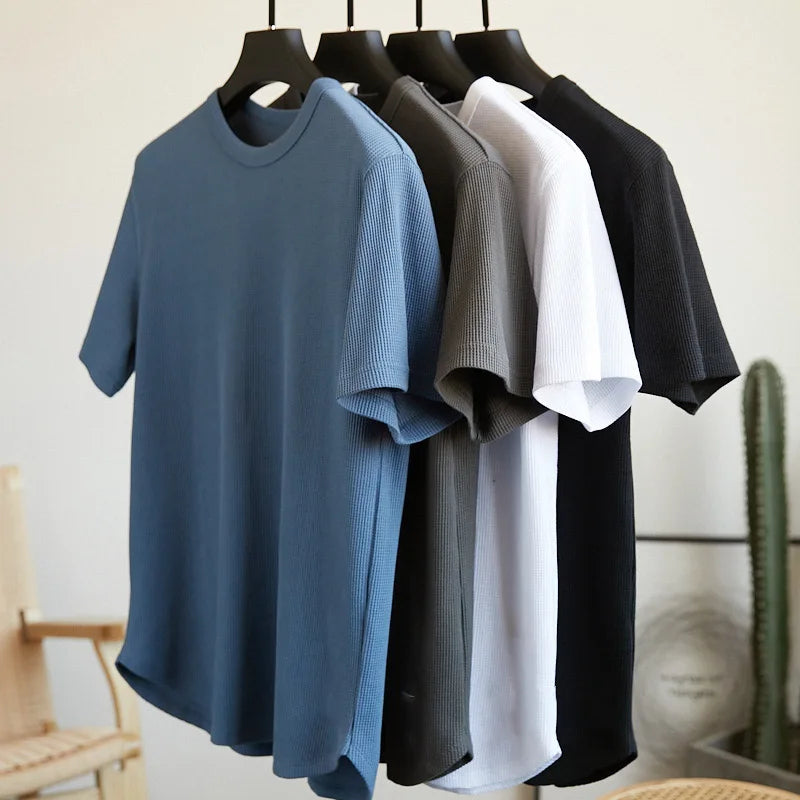 Summer Unisex Oversized Solid Color T-shirt 300gsm Knitted Waffle Fabric Heavy Weight 100% Organic Cotton Eco-Friendly