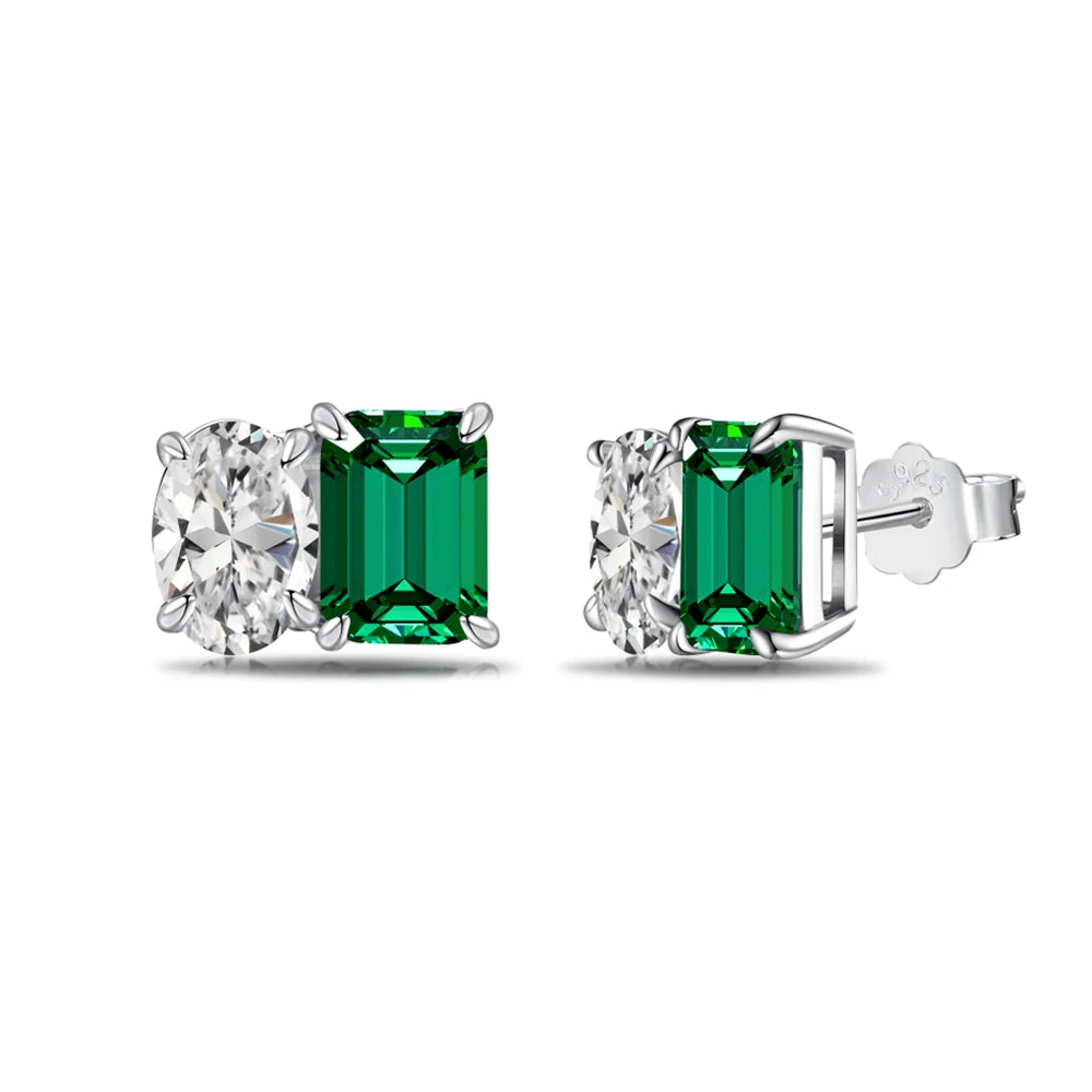 New Arrivals Elegant Two Stone Cz Cubic Zirconia Jewelry Set S925 Sterling Silver Square Design Emerald Stud Earrings for Women
