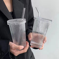 375ml Simple Stripe Coffee Glass Cup With Lid and Straw Transparent Bubble Tea Cup Juice Glass Milk Mocha Cup Breakfast Mug
