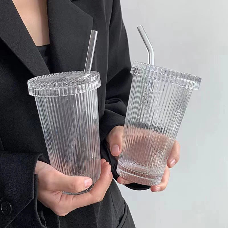 375ml Simple Stripe Coffee Glass Cup With Lid and Straw Transparent Bubble Tea Cup Juice Glass Milk Mocha Cup Breakfast Mug