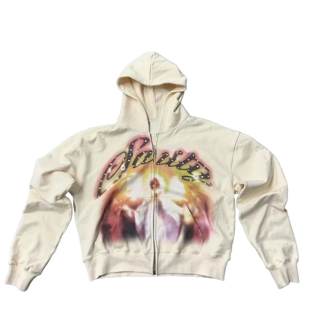 Custom High Quality Men's Zipper Hooded Sweatshirt 100% Cotton Trendy Printed Design & Rhinestone Sport Coat for Autumn