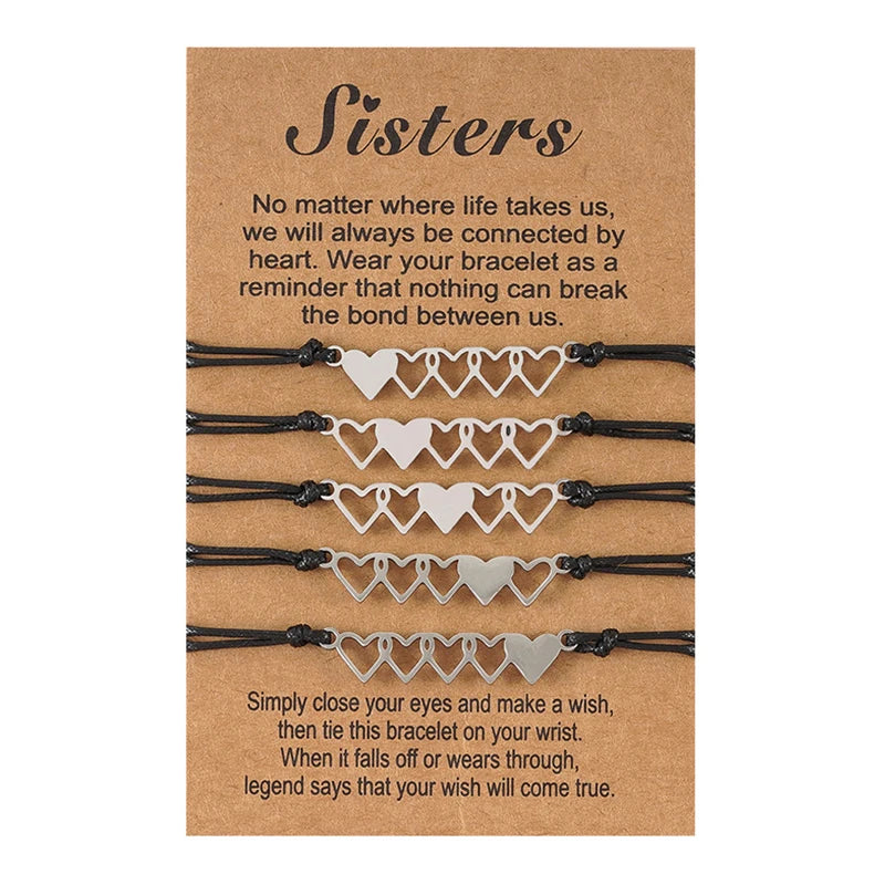 Set 5 Stainless Steel Macrame Bracelet Sisters Heart Link Charm Best Friend Sister Jewelry for Women Fashionable Bracelets