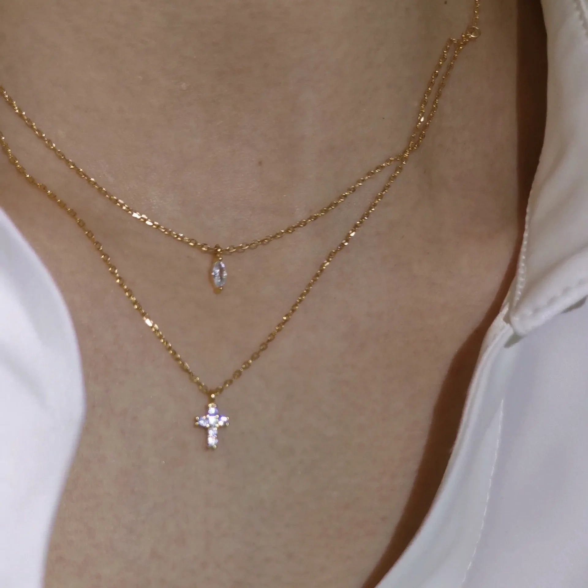 GT Collier En Argent Cubic Zircon Charm Clavicle Chain 925 Sterling Silver Double Layer Mini Side Cross Necklace