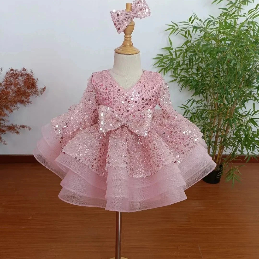 2026 Wholesale New Fashion Sequin Little Girl Puffy Evening Dress Party Wear Tulle Flower Girl Dress 1 Year Old