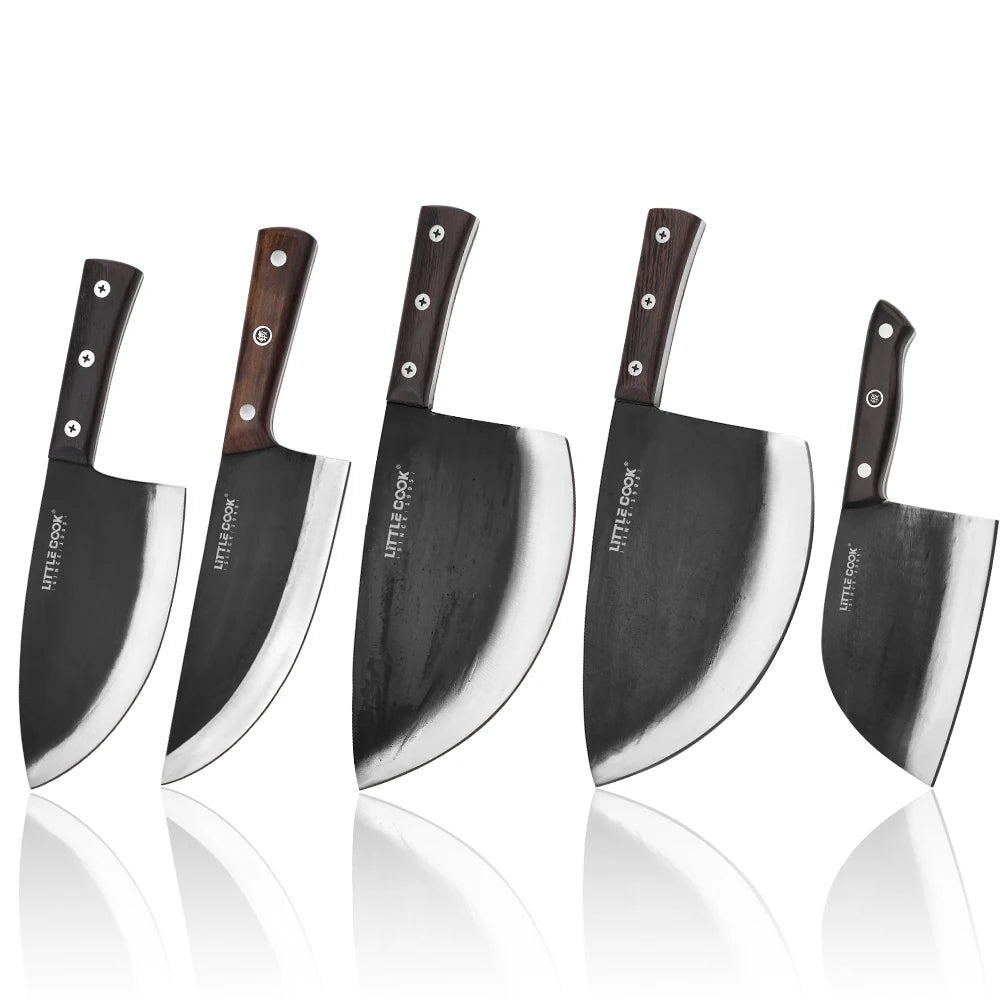 Little Cook 5PCS Hand Forged Butcher Knife Set No-slip Wood Handle and Sharp Edge Knife Set for Chopping Cutting Cooking