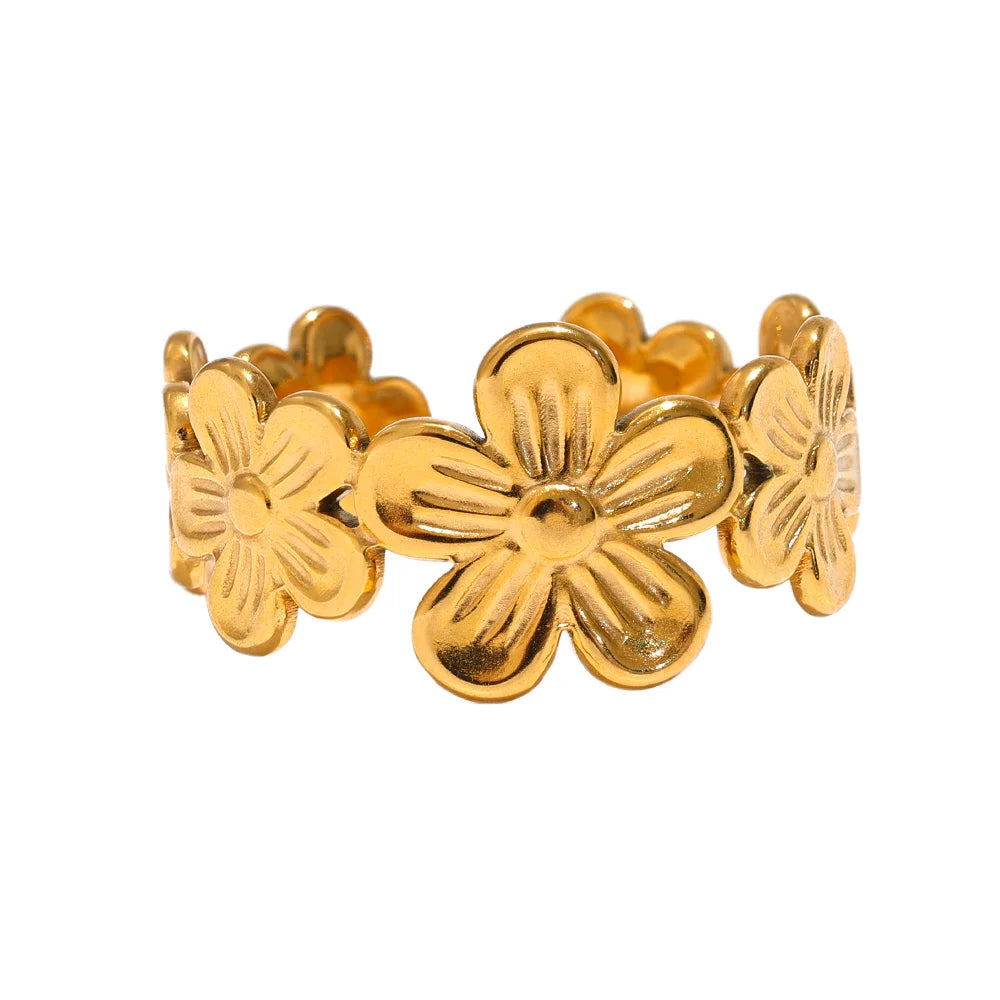 Luxury 18K Gold Plated Stainless Steel Waterproof Flower Style  Ring for Women