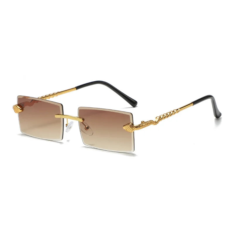 New Fashion Design Metal Frame UV400 Protection Rimless Rectangle Small Square Sunglasses with Snake Design Temples Unisex