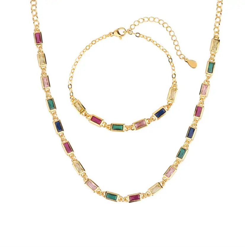 Shining Matching Color Glass Stone Necklace Chain Bracelet Jewelry Sets Necklace Trendy Zirconia Necklace Women Link Chain