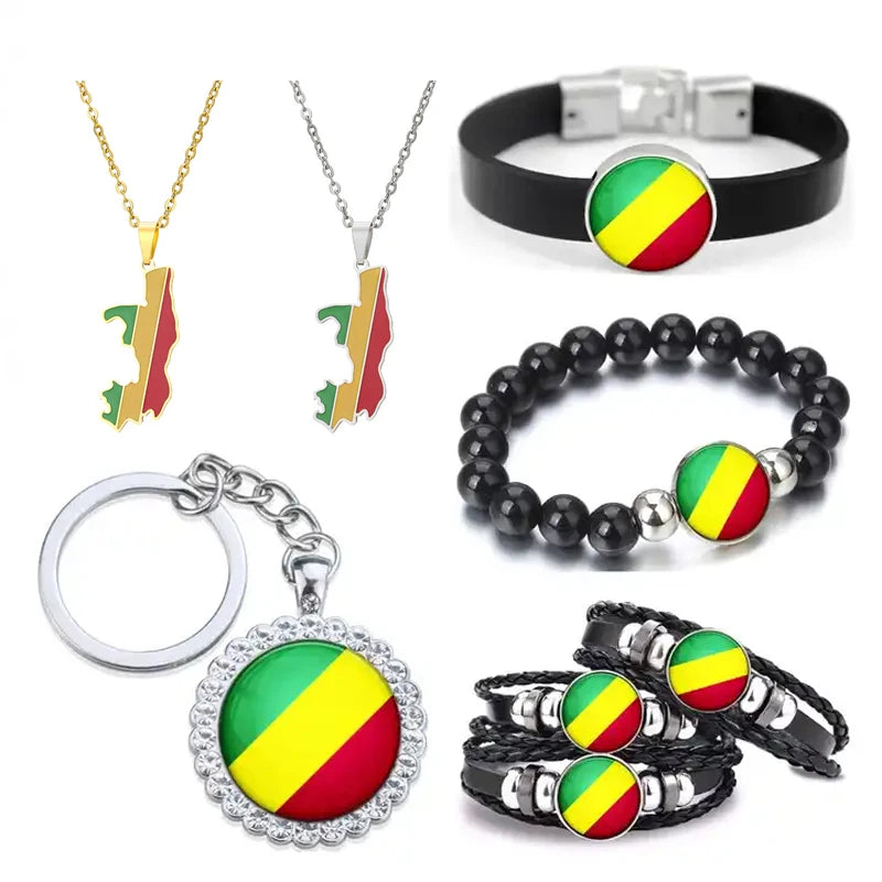Republic Congo Flag Map Key Chain Cuff Link Tie Clip Necklace Bracelet Earrings Lapel Pin Jewelry Set for Weddings Parties