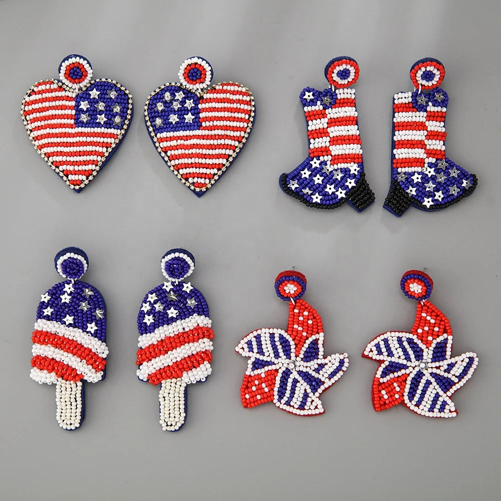 4th July Trendy Huggie Earrings for Women American Flag Heart Star Popsicle Boot Drop Design Beads Parties Weddings Gifts
