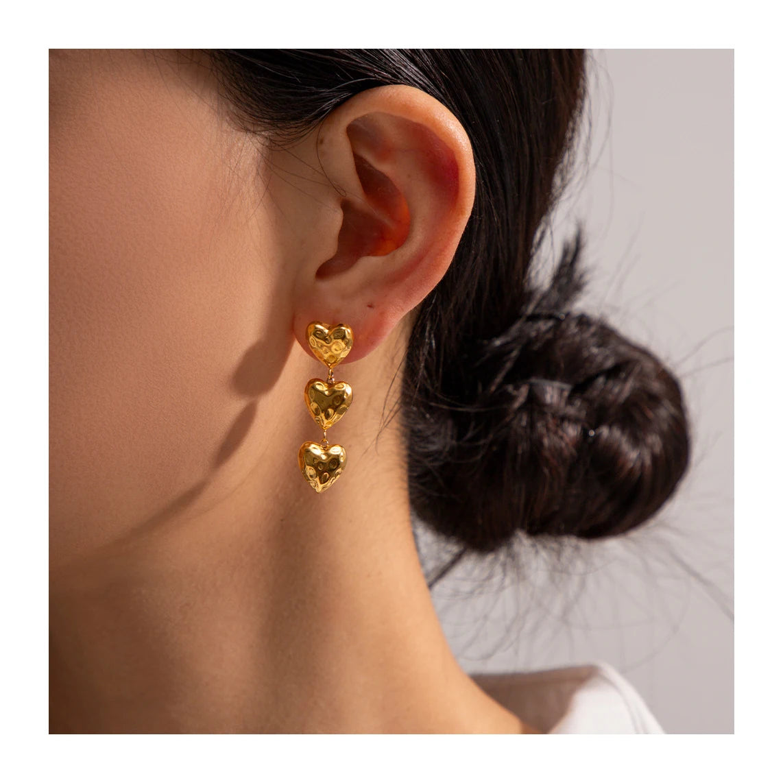 ERESI Tarnish-Free Three Big Heart Pendant Earring 18K Gold Plated Stainless Steel Smooth Texture Heart Drop Earring