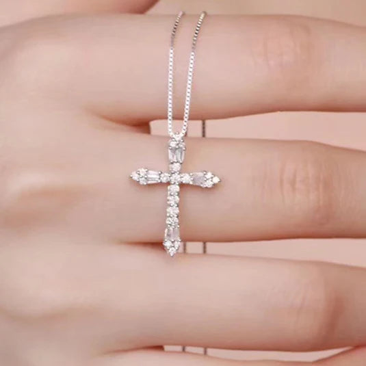 Huitan Classic Cross Pendant Necklace O Chain Necklace for Women Silver Color Statement Neck Accessories Timeless Style Jewelry