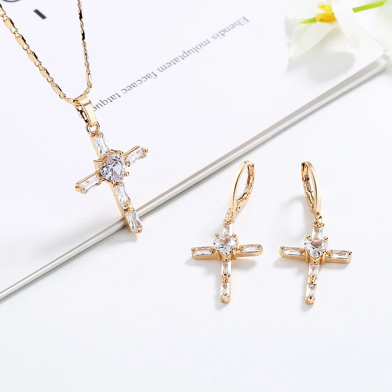 Religious Christian Accessories Zirconia Cross Pendant Necklace and Earrings 18k Gold Plated Brass Jewelry Conjunto Accessories