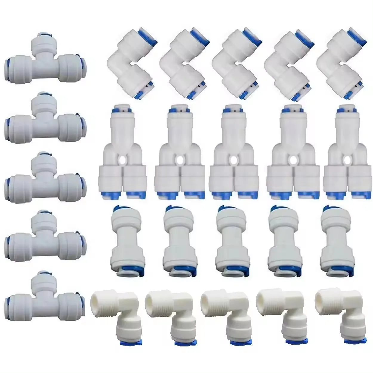 Aquarium RO Hose Connection Quick Coupling 1/4" 3/8" Stem L Straight Tee Pneumatic Water Aquarium Plastic Pipe Fitting