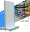 Metal Heavy Duty Supermarket Pharmacy Display Rack Single Double-Sided Perforated Freestanding Shelving with Hooks