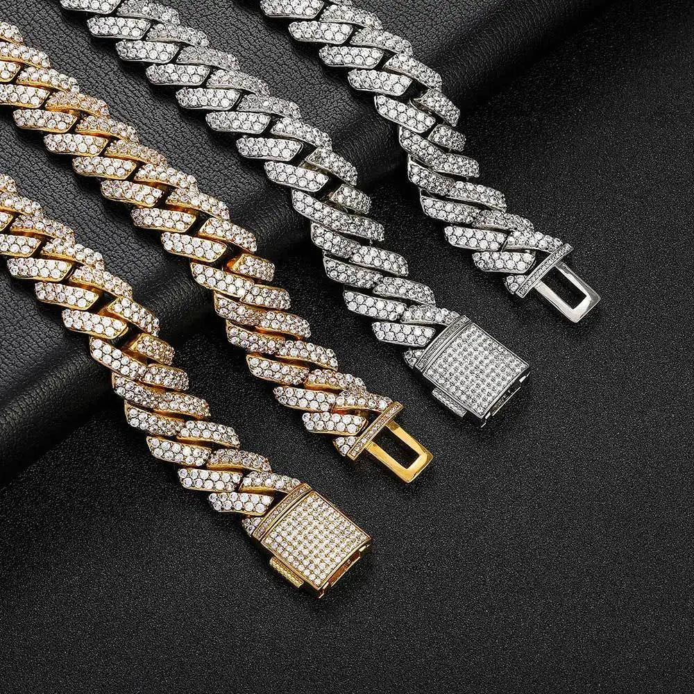 Luxury 15mm Miami Cuban Link Chain Diamond Necklace for Men Gold Plated Zircon Main Geometric Pattern for Anniversary Gifts