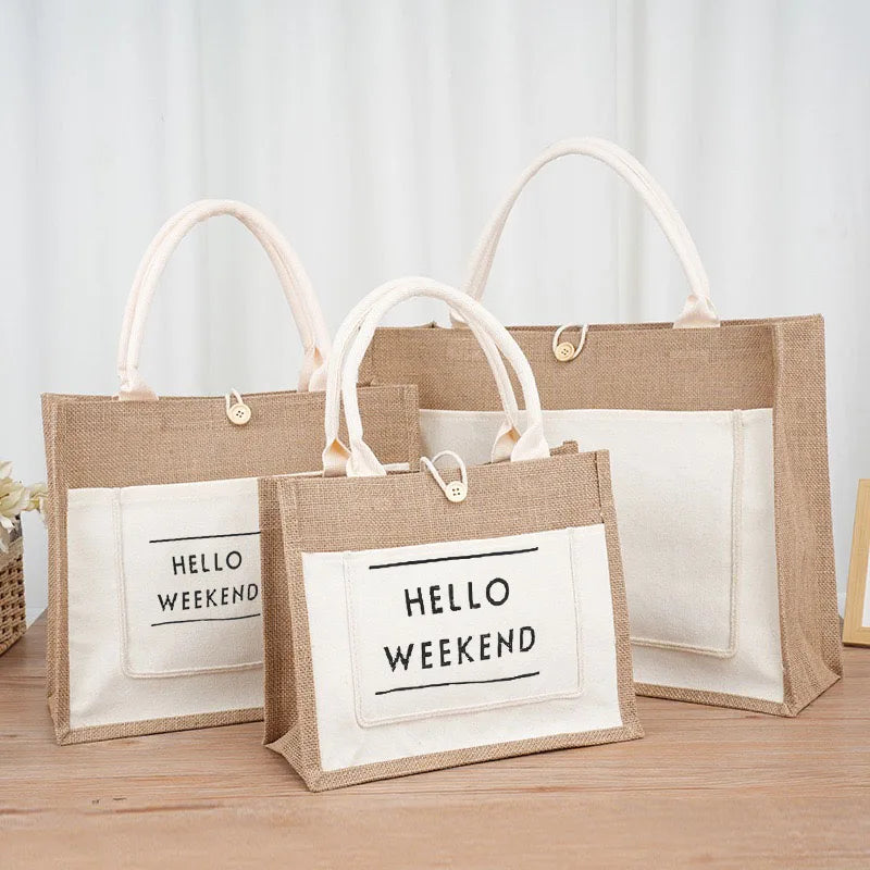Durable Cotton Linen Large Letter Jute Bag with Rope Handle Beach Hand Shoulder Gift Shopping Bag