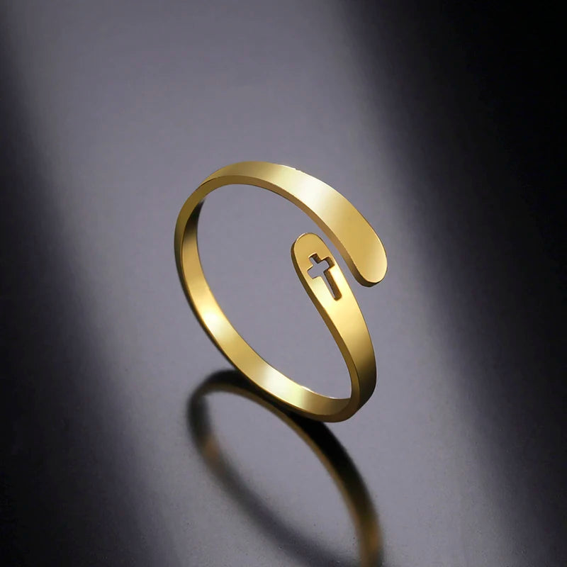 Trendy Christian Cross Ring or Women Men Stainless Steel Minimalist Adjustable Finger Rings Wholesale Gold Plating Ring Jewelry