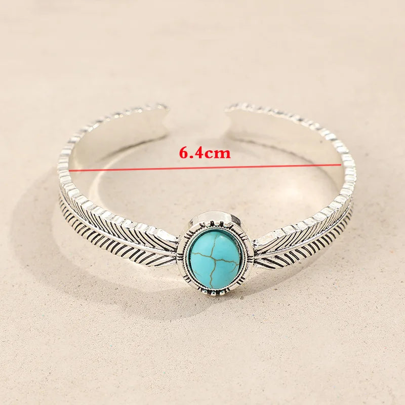 Western Bohemian Vintage Feather Shape Round Turquoise Open Adjustable Bracelet for Women Gift