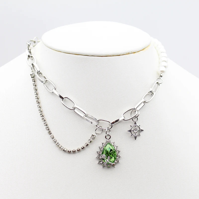 Layered Necklace Water Droplets Half Pearl Teardrop Stone Emerald Gemstone Choker Necklace With Stars for Woman