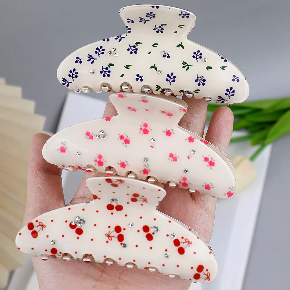 New Fruit Red Cherry Flower Hair Accessories Rhinestone Pvc Print Grab Clip Shark Clip Hair Claw
