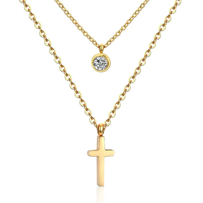 G855 Stainless Steel Jewelry Cross Gold Plated Necklaces Women Double Layered Chain Necklace