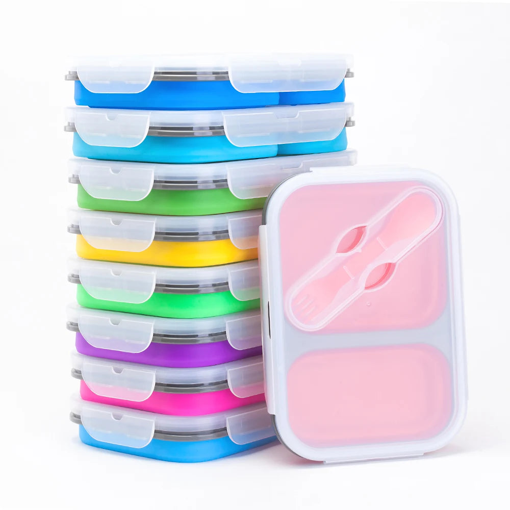 Top Seller 2 Compartments Bento Lunch Boxes Heatable Microwavable Dishwasher Safe Collapsible Silicone Food Storage