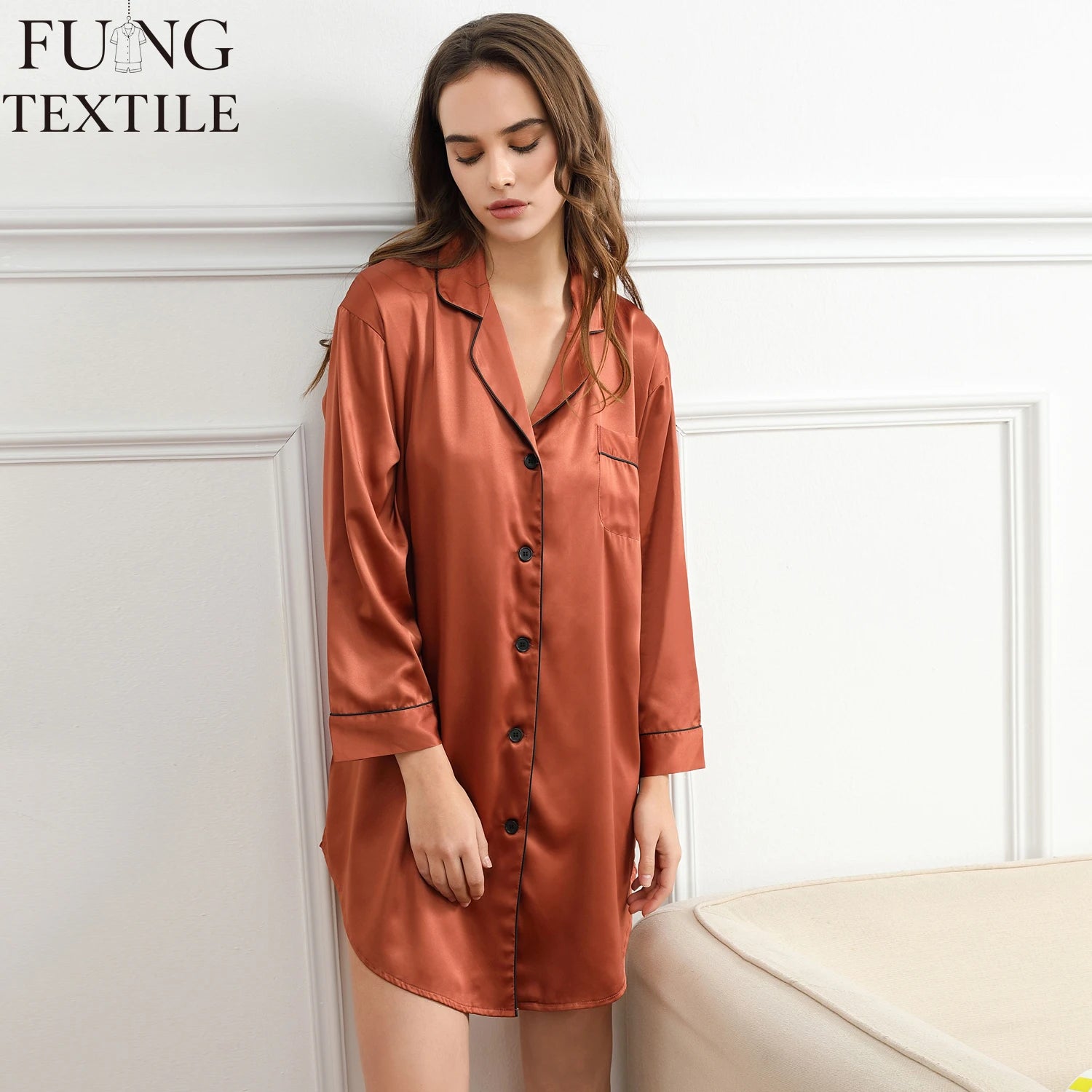 FUNG 6011 Spring and Summer Hot Sale Women's Bridesmaid Sleepshirt Solid Woven Breathable Long Sleeve Sleepshirt