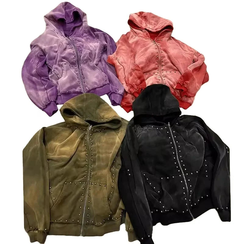 Manufacturer Sunfaded Zipper French Terry Streetwear Functional Acid Wash Men Zip up Rivet Heavyweight Rhinestone Jogging Hoodie