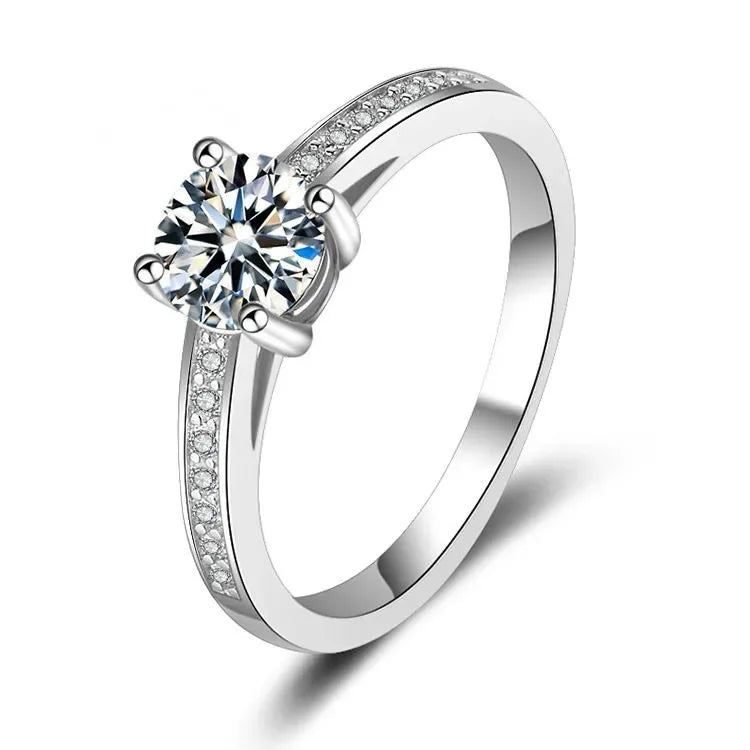 Fashion Jewelry Silver Micro Pave Stunning Cubic Zircon Solitaire Eternity Ring Copper Resizeable Four Prongs Ring
