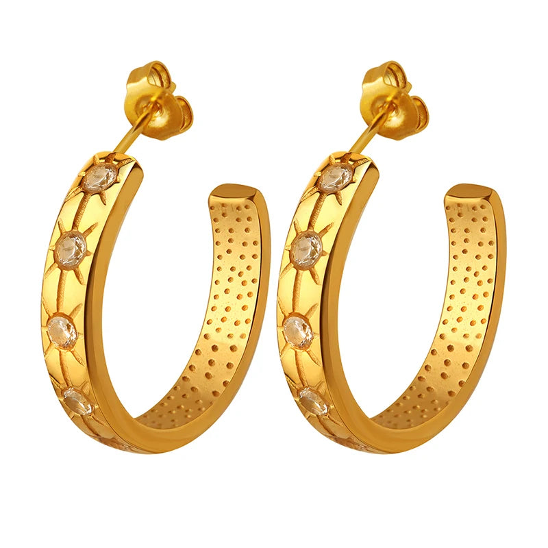 Fashion Earrings 18K Gold Star Inlaid Zircon Flat Wide C-shaped Earrings