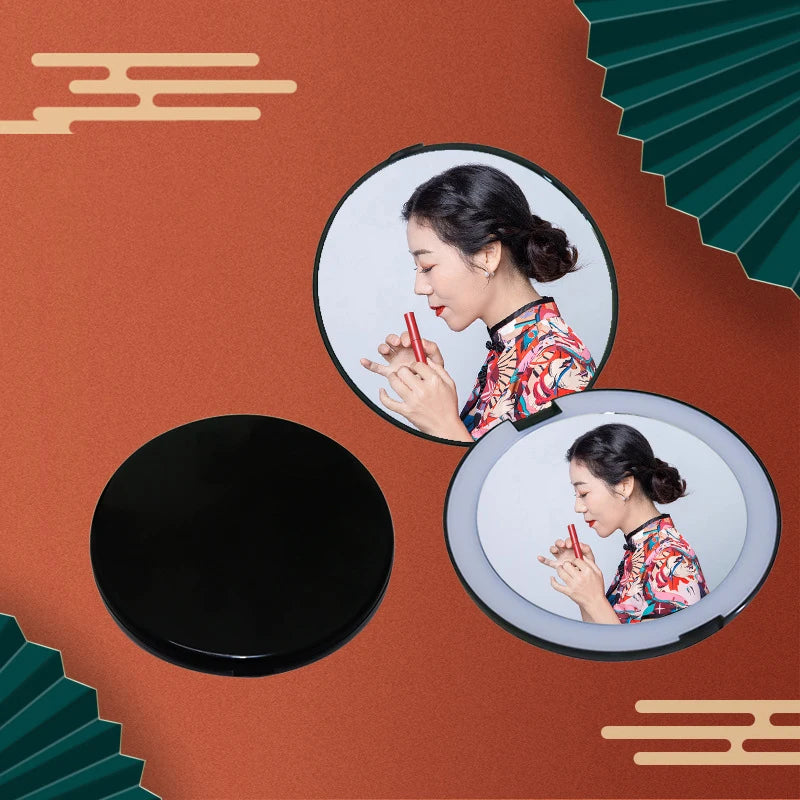Zonyin Wholesale Round Double-Side Led Makeup Mirror Portable Plastic Handheld Magnifying Folding Pocket Travel Mirror