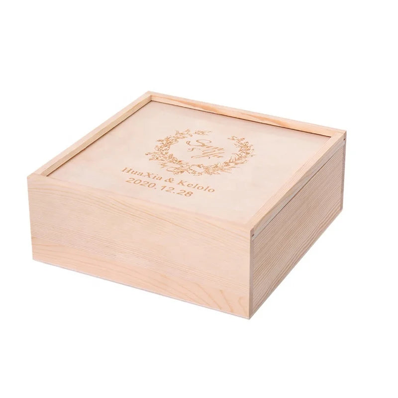 Modern Wood Keepsake Wedding Storage Box Natural Slide Lid Wooden Pie Cake Packing Box
