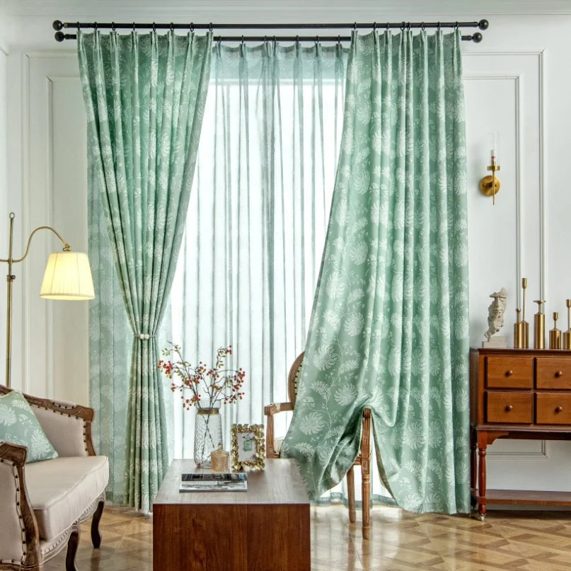 American Country Style Living Room Bedroom Polyester Printed Blackout Curtains Green Printed Ready-Made Curtains