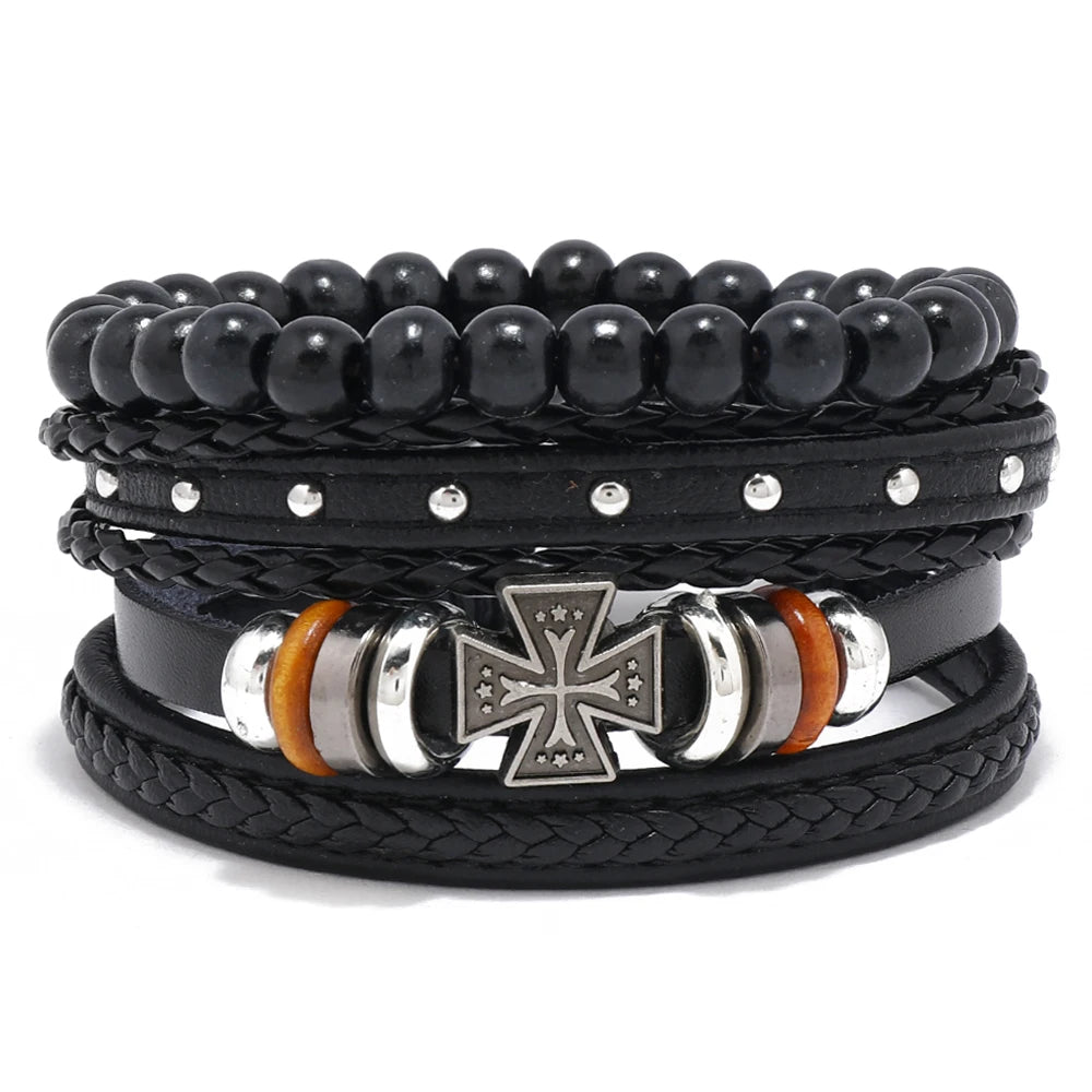 Wholesale Vintage Leather Cross Charm Bracelet Set Multilayer Fashion Bangles for Men Wove Style Woven Leather Accessory