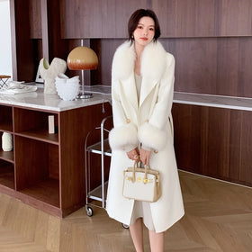 Classic Double-Breasted Cashmere Fur Trench Women Long Wool Coat With Real Fox Fur Jacket