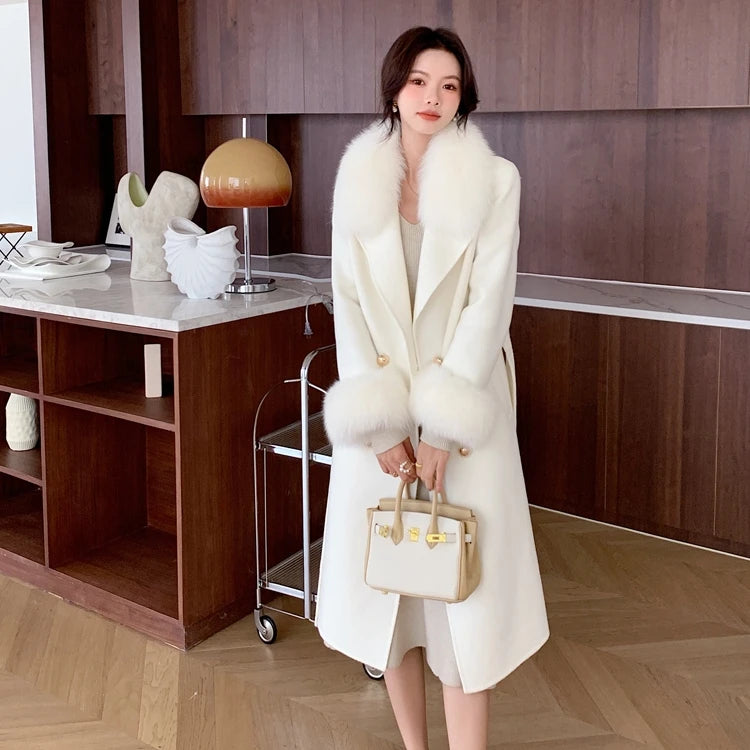 Classic Double-Breasted Cashmere Fur Trench Women Long Wool Coat With Real Fox Fur Jacket