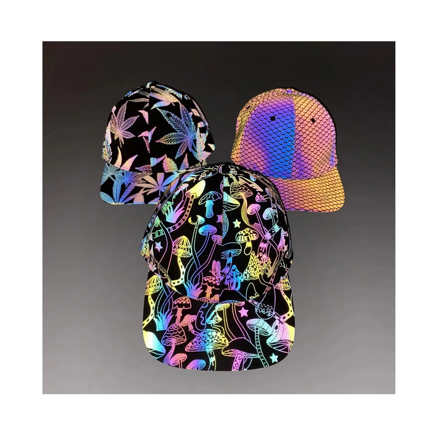 All Seasons Adjustable rainbow Color Reflective Luminous Mushroom Leaf Printed Baseball Sport Peaked Cap Hip Hop Hat for Adult