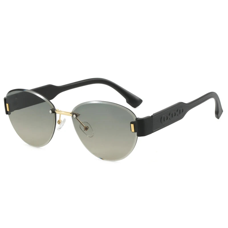 2025 Rimless Gold Frame PC Sunglasses for Women Vintage Oval UV400 Sun Glasses with Sun Shade Eyewear for Riding