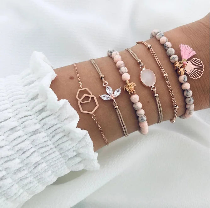 6 Pcs/set Retro Women Fashion Bracelets Water Drop Diamond Bracelet Tassel Charm Bracelet Set
