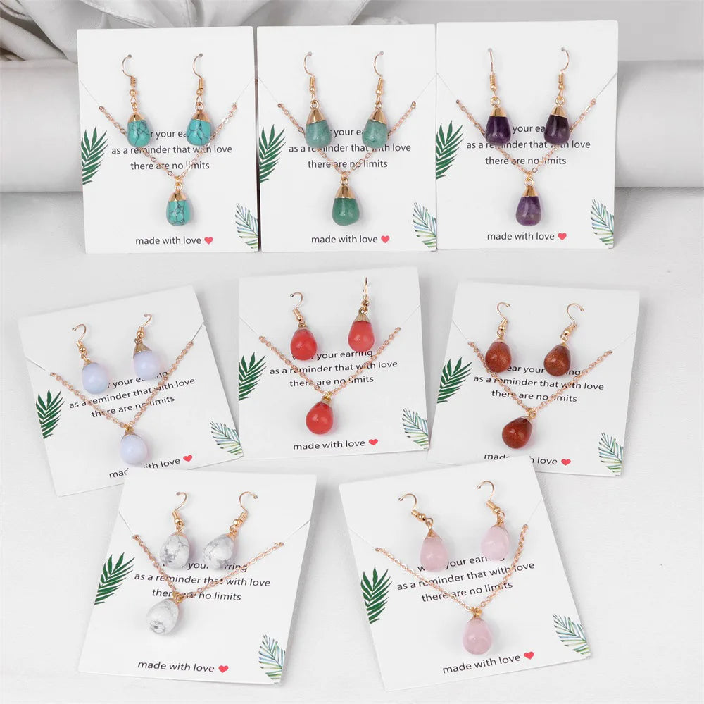 Hot Sell Natural Crystal Necklace Earrings Set Rose Quartz Amethyst Necklace Healing Crystal Jewelry