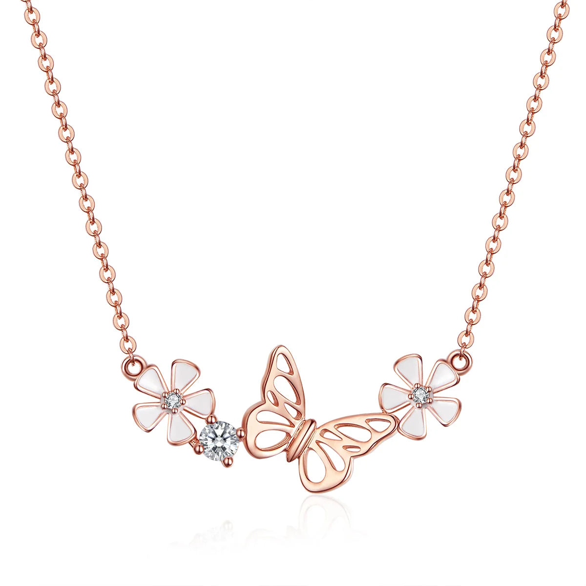 Butterfly and Flower Necklace 925 Sterling Silver Enamel Floral Short Choker Necklace Silver Korean Jewelry BSN053
