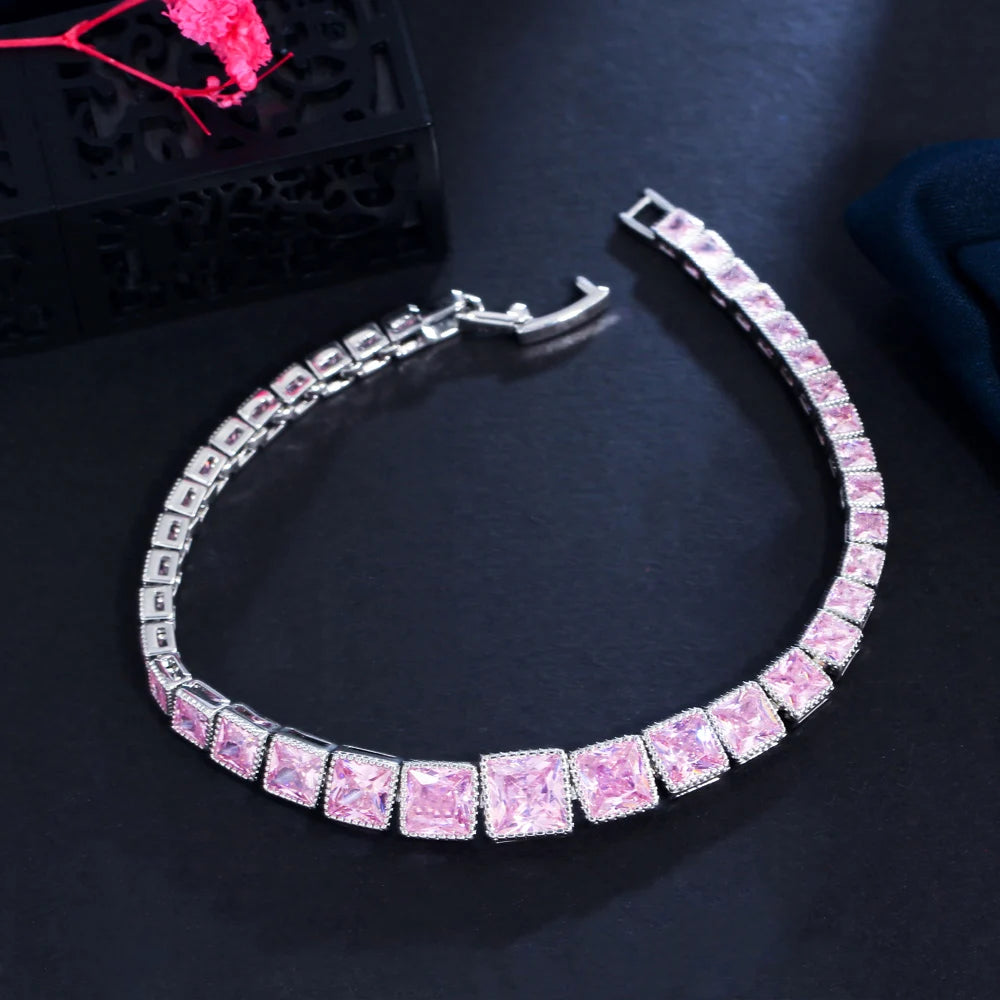 Gorgeous Charms Square Light Pink Cubic Zirconia Wedding Accessories Fashion Bracelet Jewelry for Women Party Mother's Day Gift
