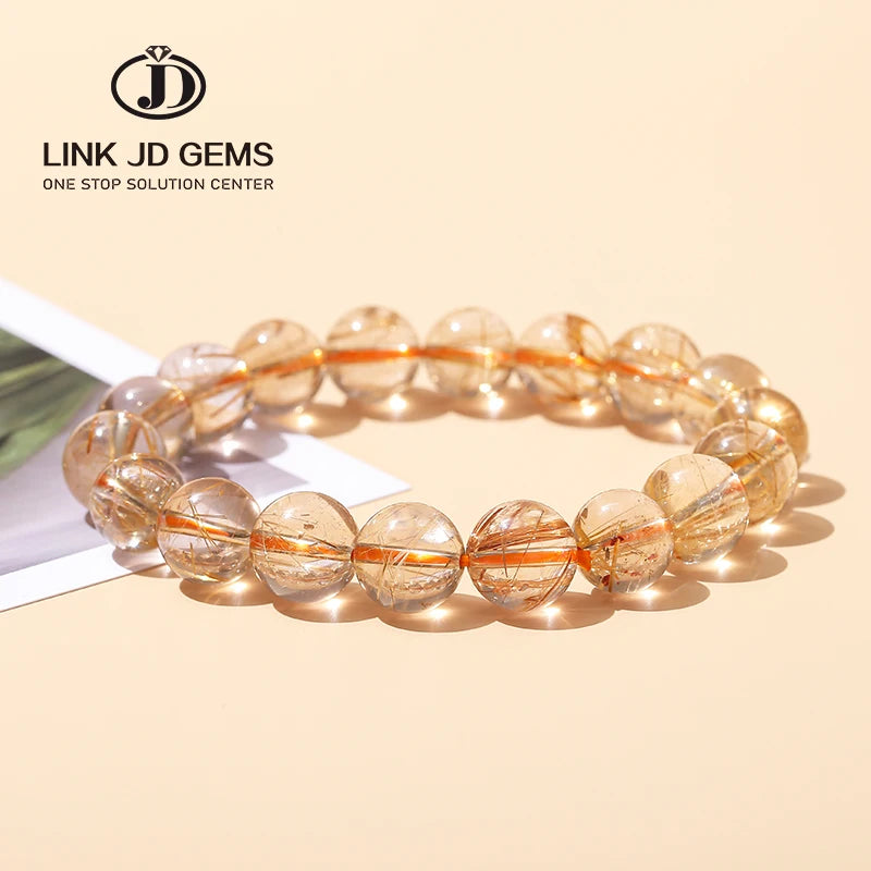 JD 5A Gold Rutilated Quartz Bead Strand Bracelet Women Men Genuine Hair Crystal Shiny Elastic Bangles 8/10mm Classic Anniversary