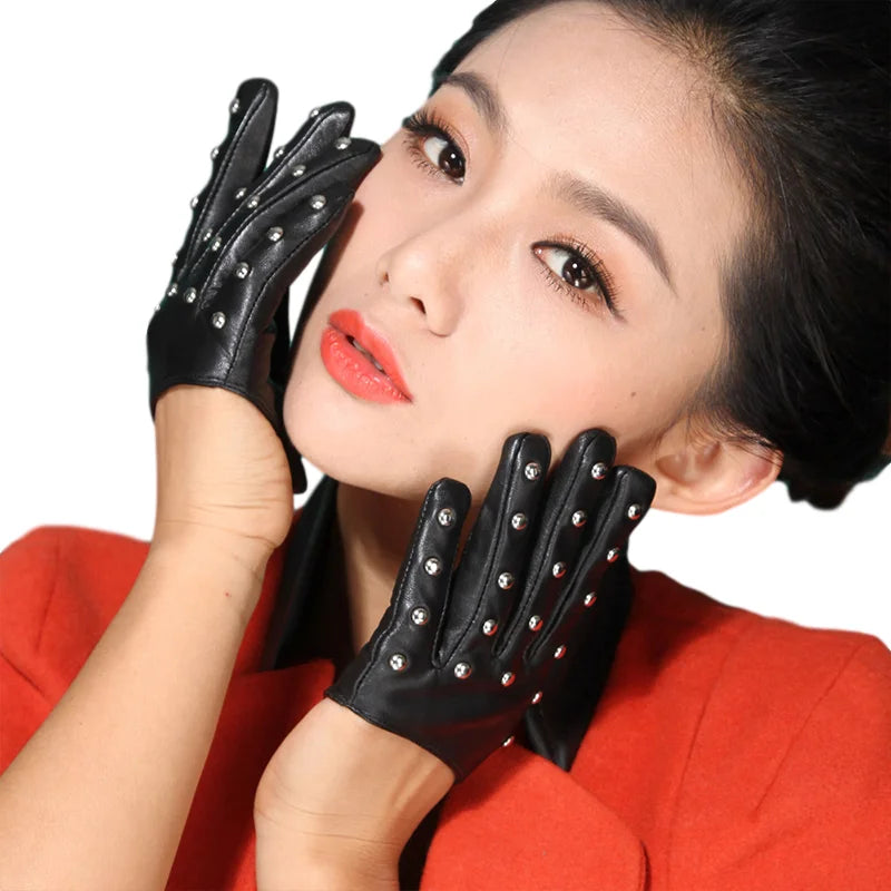 Custom Logo Wholesale Winter Fashion Rivet Half Palm Leather Warm Gloves for Women
