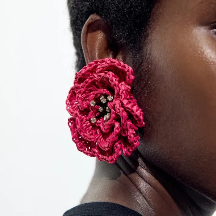 New Rose Red Crystal Wool Flower Stud Earrings Necklace for Women Exaggerated Personality Girl Jewelry Set