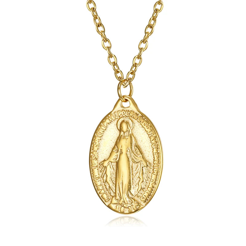 Olivia 31mm Medallion Miraculous Medal Catholic Necklaces Virgin Mary Oval Disc Necklace Religious Pendant Charm Necklace MegaBDM