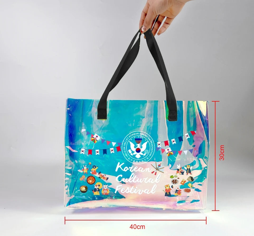 Fashionable Custom Logo Laser Holographic Iridescent Waterproof PVC Shopping Tote Bag