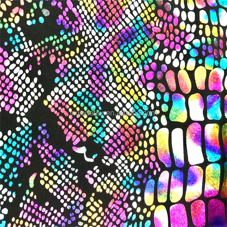 2025 New Design Black Snake Hologram Reflective PVC Gold Foil 4-Way Stretch Iridescent Fabric